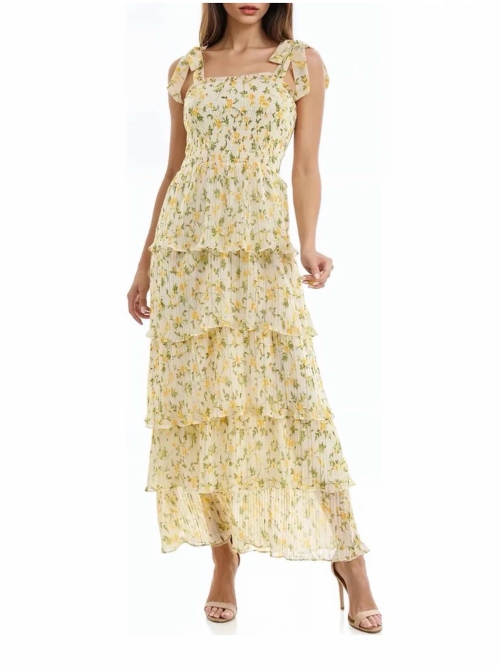 Socialite XS Floral Smocked Tiered Maxi Dress Tie Straps